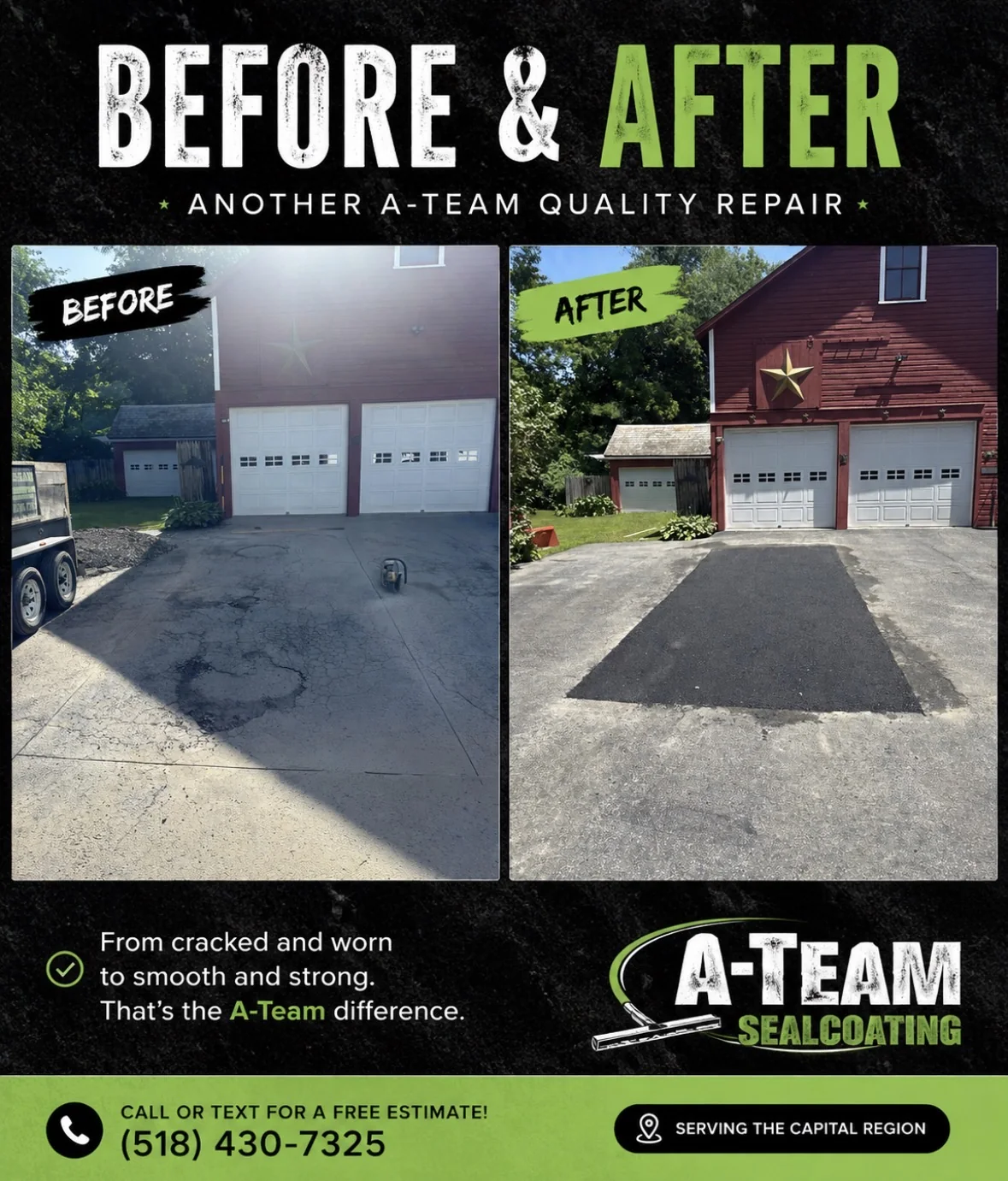 Before and after asphalt repair by A-Team Sealcoating